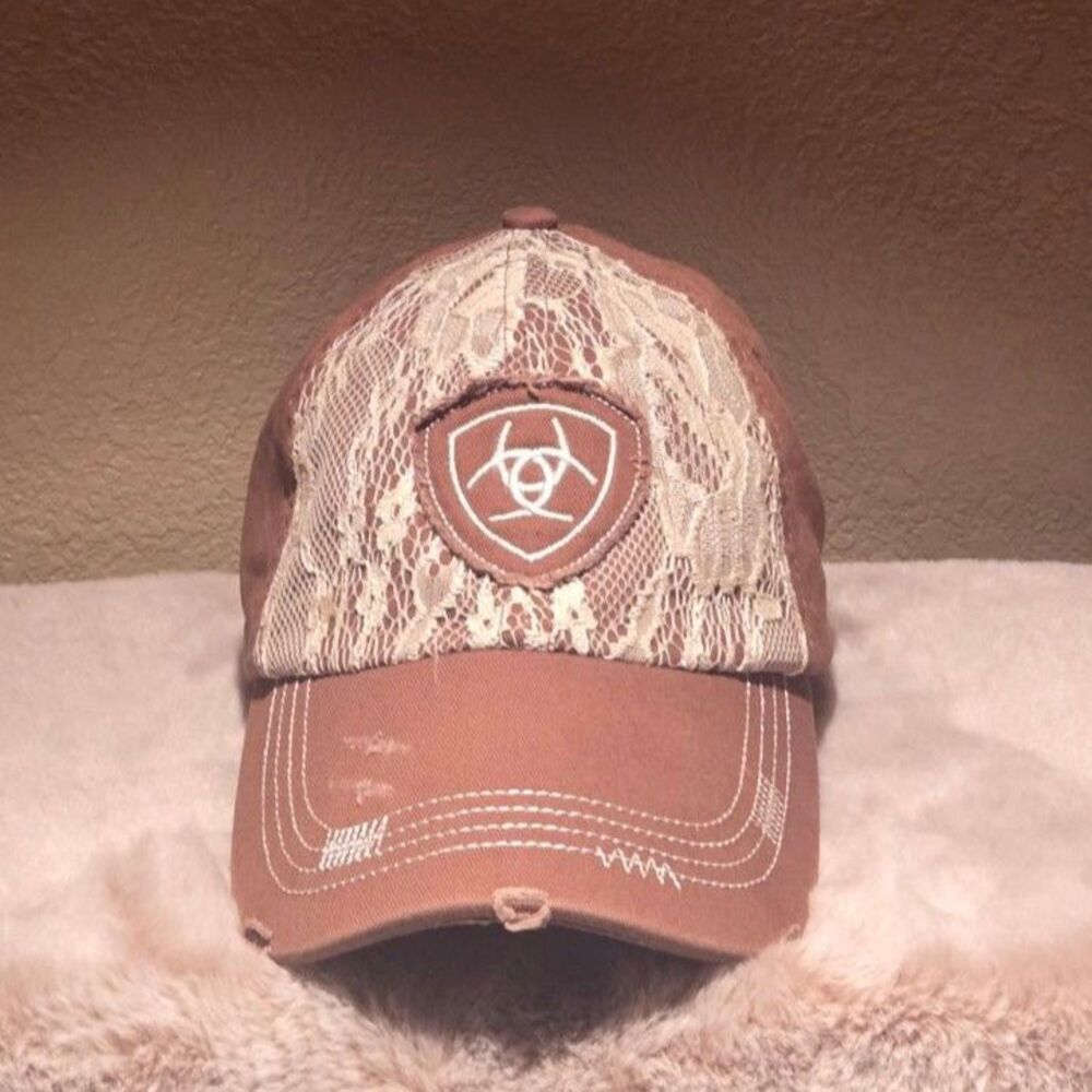 Ariat Women's Distressed Brown Lace Baseball Cap Hat Country Chic